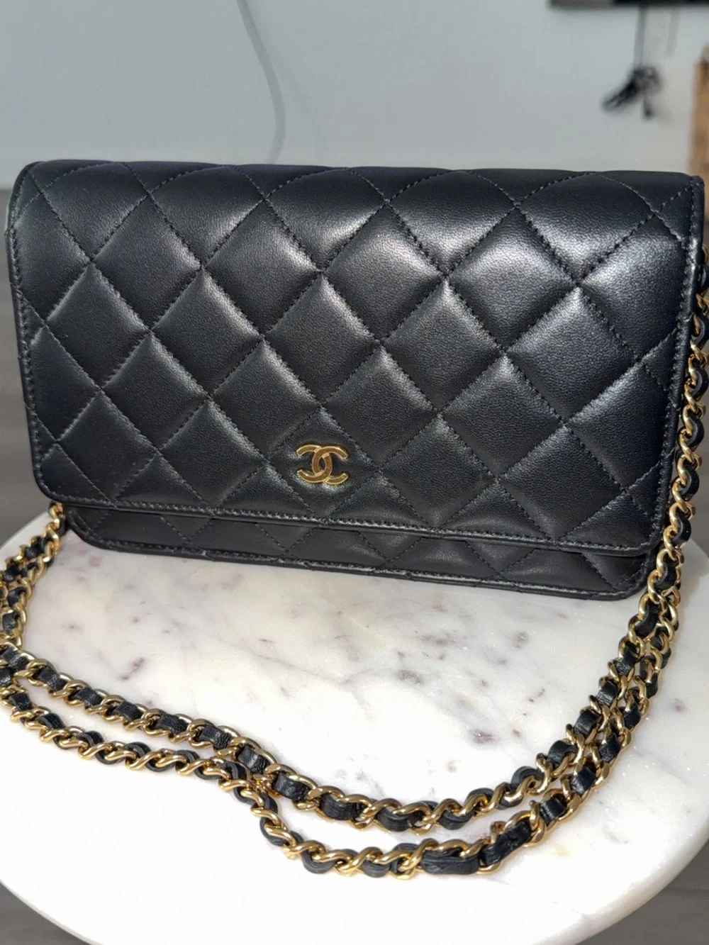 CHANEL Black Quilted Lambskin Crossbody with Gold Chain